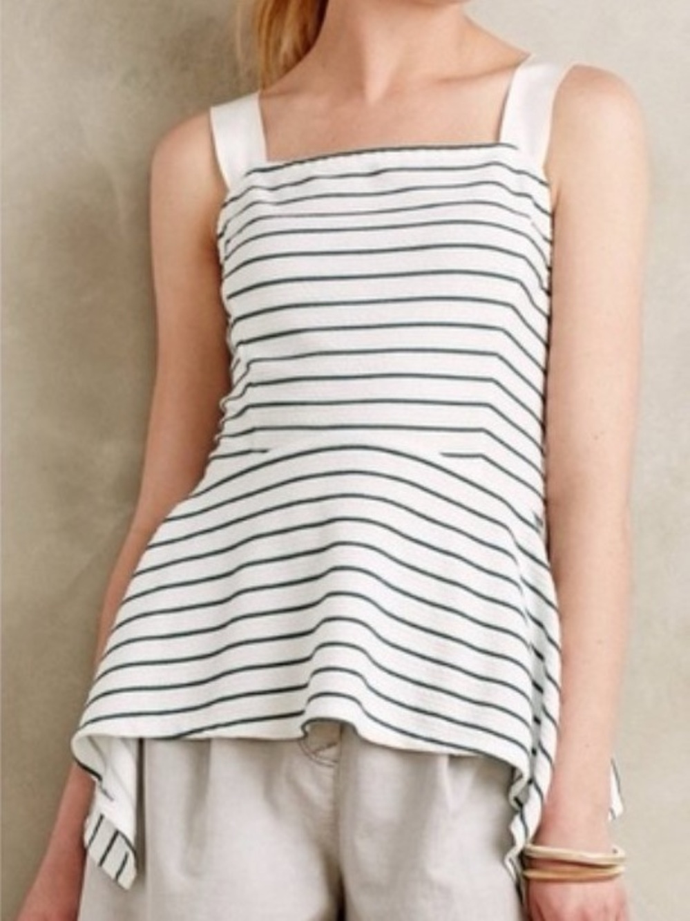 Deletta Anthropologie Peplum Tank Top White Dark Green Stripes Size X-Large